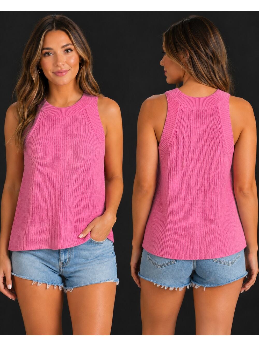 Neiman Marcus Pink 100% Cotton Chunky Knit Sleeveless Sweater Tank Top L